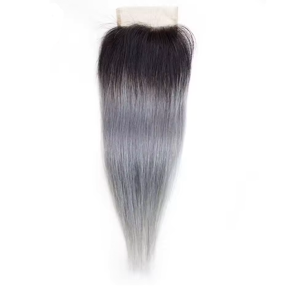 Closure 4x4 - Brésilien Lisse - Couleur Noir/Gris 1b/grey - 100% Cheveux Naturels